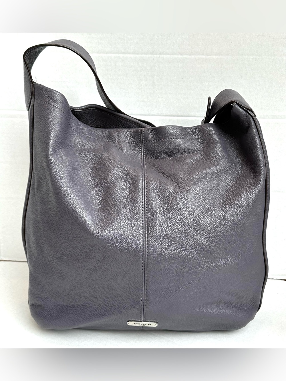 Coach Pebbled Soft Leather Deep Plum Purple Hobo Boho Tote Bag Purse Slouchy
